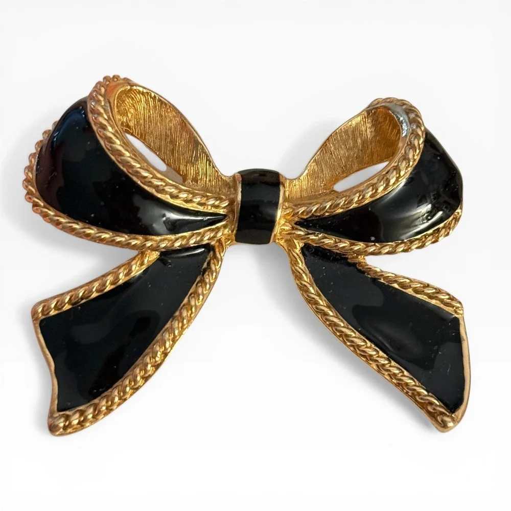 K.J.L.‎ for Avon Vintage Black Enamel Gold Tone Bow bolo Kenneth Jay Lane - Picture 6 of 8